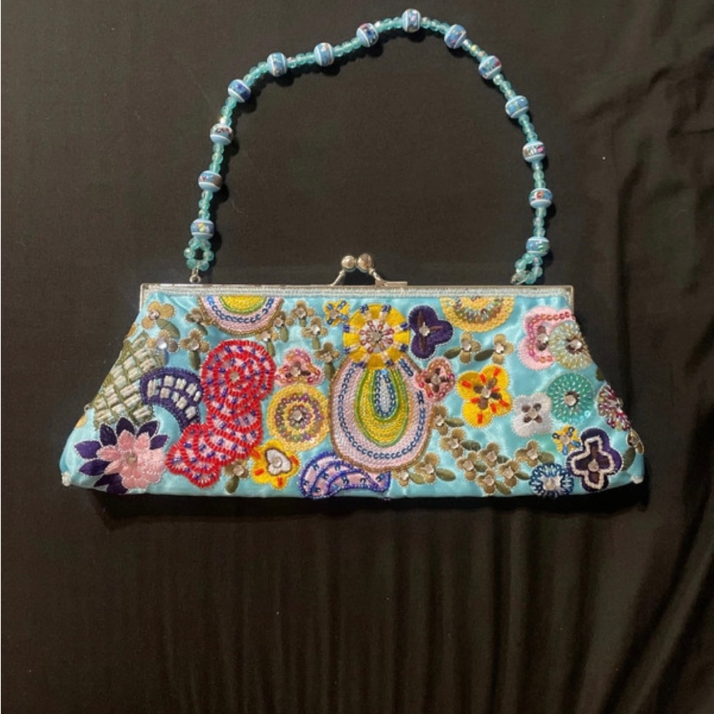 Embellished Light Blue Beaded Handbag